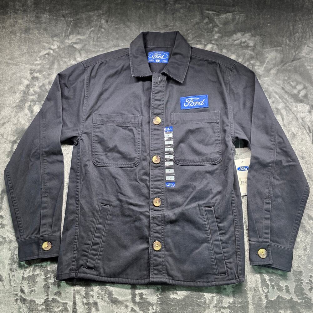 Ford Men’s Button Up Work Jacket Black Logo Patch Graphic Back Size S